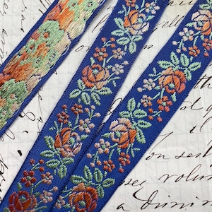 3/4&quot; Vintage French Royal Blue Jacquard woven ribbon trim with embroidered orange sherbet sunset  florals bows crafting sewing trim #500