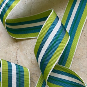 1.375" Vintage Stripe Grosgrain Ribbon Trim in Teal Green, Turquoise White Millinery, Bows strap, leash, sash, belt,