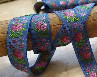 3/4" Vintage French Jacquard Ribbon Trim Vibrant Blue woven ribbon with embroidered pink sunset ombre florals #500-29