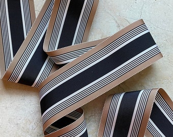 2.125" Wide Vintage Stripe Millinery grosgrain Ribbon Trim in Beige Black White hat band, bow, DIY, sewing