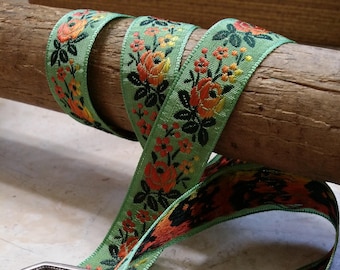 3/4" Vintage French Vibrant light green woven ribbon trim with embroidered orange sunset ombre florals #500-27