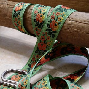 3/4 Vintage French Vibrant light green woven ribbon trim with embroidered orange sunset ombre florals 500-27 image 1