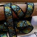 3/4" Vintage French Black woven ribbon trim with Antique Teal Blue embroidered florals and moss green leaves #500-36 vr