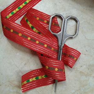 1&quot; Red Vintage French Trim ribbon trim rayon with embroidery and metallic tinsel accent #151M Red gold, craft, bows,Christmas, green