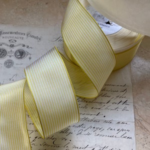 1.5&quot; Vintage French Wired Ribbon Pinstripe Yellow White Taffeta Ribbon Ribbon works hair bows bows Christmas, candy cane