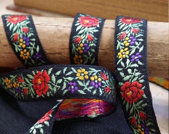 5/8"  Vintage French Jacquard Ribbon trim Black  with embroidered florals  red, yellow sage green 970-09 sew craft quilt bows embellish