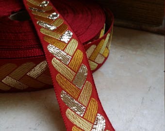 1" Vintage French Jacquard  trim Red woven ribbon embroidered golden braid pattern 450-01 reenactment theater Christmas Costume metallic