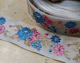 1" Vintage French Jacquard Ribbon Trim Floral Embroidered Jacquard satin #391 bridal, wedding, sash, crafts boudoir reenactment costume