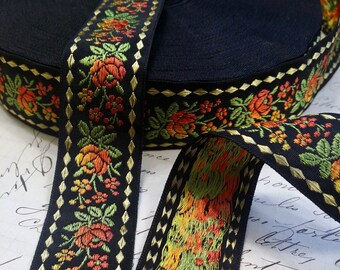 1" Vintage Black Jacquard Ribbon Trim woven with Orange sunset ombre embroidered florals, moss green leaves and single diamond border 344-13