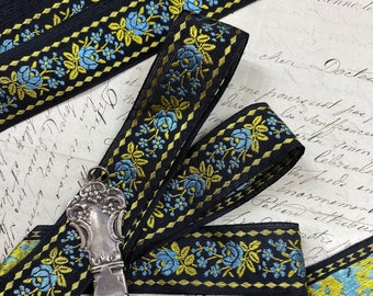 1" Vintage Black Woven Jacquard ribbon trim with Teal Blue embroidered florals, single diamond border 344 DIY, sew