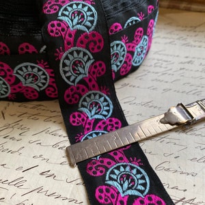 1.375" Vintage French Black Jacquard woven ribbon trim w/ embroidered whimsical pattern #532 Black/ magenta fuchsia pink/ steely blue