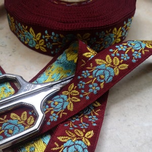 SPECIAL 3/4&quot; Vintage French Trim Ribbon Burgundy woven with embroidered teal florals   #500-11