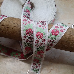 3/4" Vintage French White woven Jacquard ribbon trim with embroidered BERRY red pink florals green leaves #500 hair bows wedding bridal