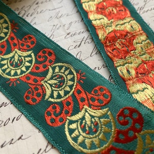 1.375&quot; Vintage French Black Jacquard woven ribbon trim w/ embroidered whimsical pattern #532 green / Burnt Orange / yellow