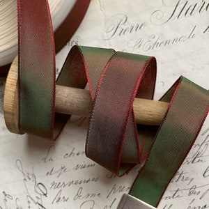 5/8" Vintage French Ribbon Wired Taffeta Ribbon Ribbon works iridescent ribbon flowers leaves embellishment bows craft burgundy green
