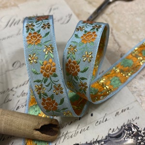 3/4 Darling LIGHT BLUE Vintage woven trim with embroidered florals in orange and green and fine metallic gold embroidered floral 973 image 3