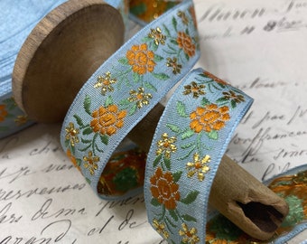 3/4"  Darling LIGHT BLUE Vintage woven trim with embroidered florals in orange and green and fine metallic gold embroidered floral #973