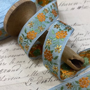 3/4 Darling LIGHT BLUE Vintage woven trim with embroidered florals in orange and green and fine metallic gold embroidered floral 973 image 1