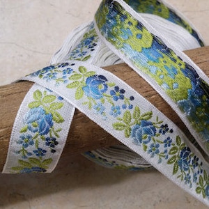 3/4" Vintage French White woven Jacquard ribbon trim with embroidered Blue sunset ombre florals #500-02