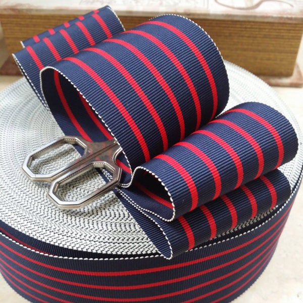 2" Sawtooth Edge Wide Vintage Stripe Millinery Petersham grosgrain Ribbon Trim in Navy Blue and Red