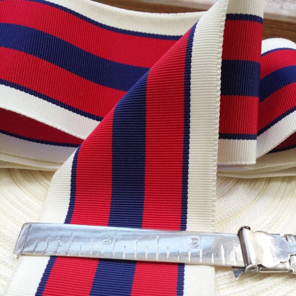 2.125" Wide Vintage Stripe Millinery grosgrain Ribbon Trim in a Red White Blue (off white) patriotic