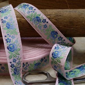 3/4&quot; Vintage French lightest pink woven ribbon trim with embroidered blue ombre florals and lightest green mint leaves #500-24
