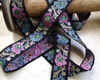 1" Vintage French Jacquard Trim Black woven Ribbon with whimsical florals Metallic accents re enactment embellishment theater #592 - 03