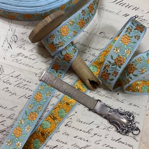 3/4 Darling LIGHT BLUE Vintage woven trim with embroidered florals in orange and green and fine metallic gold embroidered floral 973 image 2