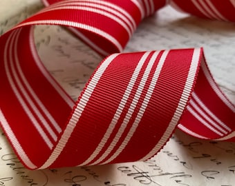 1.375" Sawtooth Edge Vintage Stripe Petersham Grosgrain Ribbon Trim in beautiful Red and white (off white) Christmas, America , USA