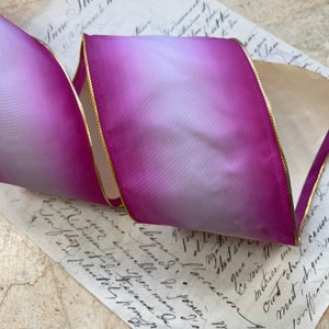 2.75” Vintage Wired Taffeta Ribbon Fuchsia Magenta lilac metallic Gold edging ribbon flowers wedding bouquet bow craft sewing