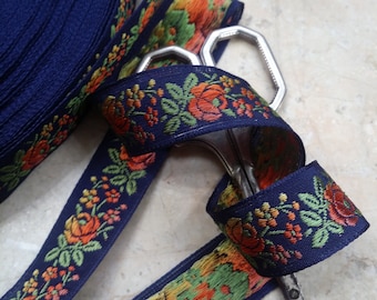 3/4" Vintage French Navy Blue Jacquard woven ribbon trim with embroidered  orange sunset ombre florals #500