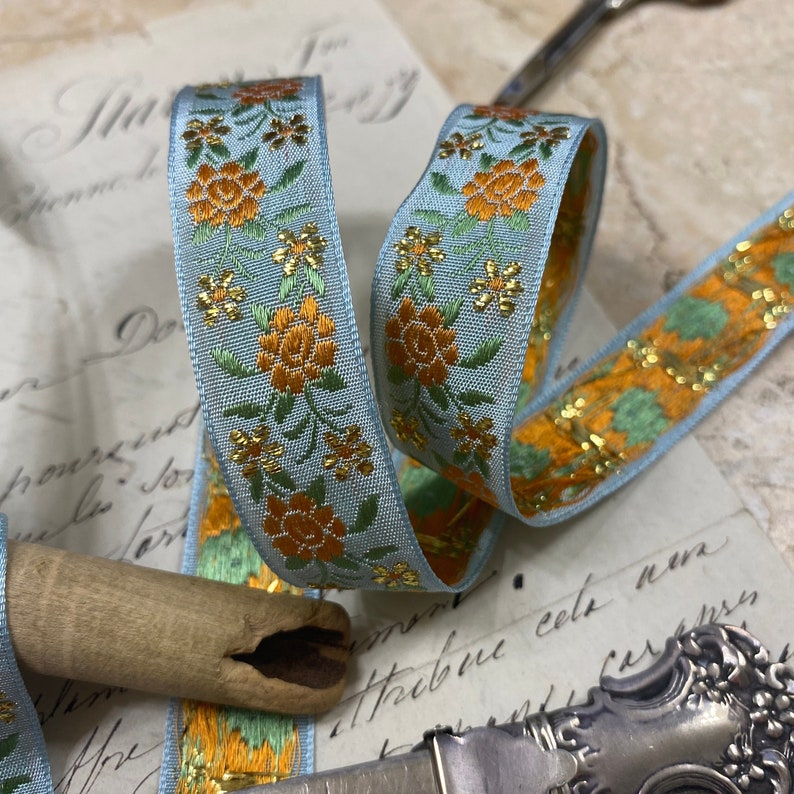 3/4 Darling LIGHT BLUE Vintage woven trim with embroidered florals in orange and green and fine metallic gold embroidered floral 973 image 3