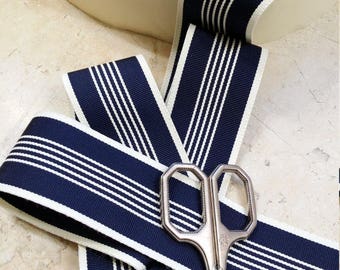 1.5&quot; Vintage Stripe Millinery Ribbon Trim in Elegant Navy and Creamy White Stripes, Hatter, wedding, belt, sash