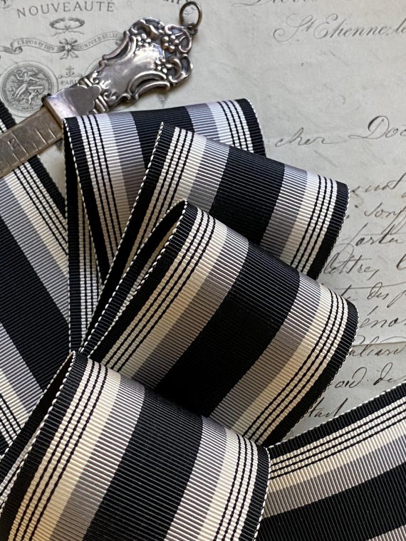 2.125" Wide Vintage Stripe Millinery grosgrain Ribbon Trim in Grey Gray Black soft ivory hat band, bow, DIY, sewing