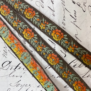 3/8&quot;Vintage Französische Jacquard Schleife Borte Zierborte mit Blumen Muster #499