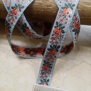 3/4 Vintage FrenchPale Muted Light Blue woven ribbon trim with embroidered orange sherbet sunset ombre florals dk green leaves 500 image 2