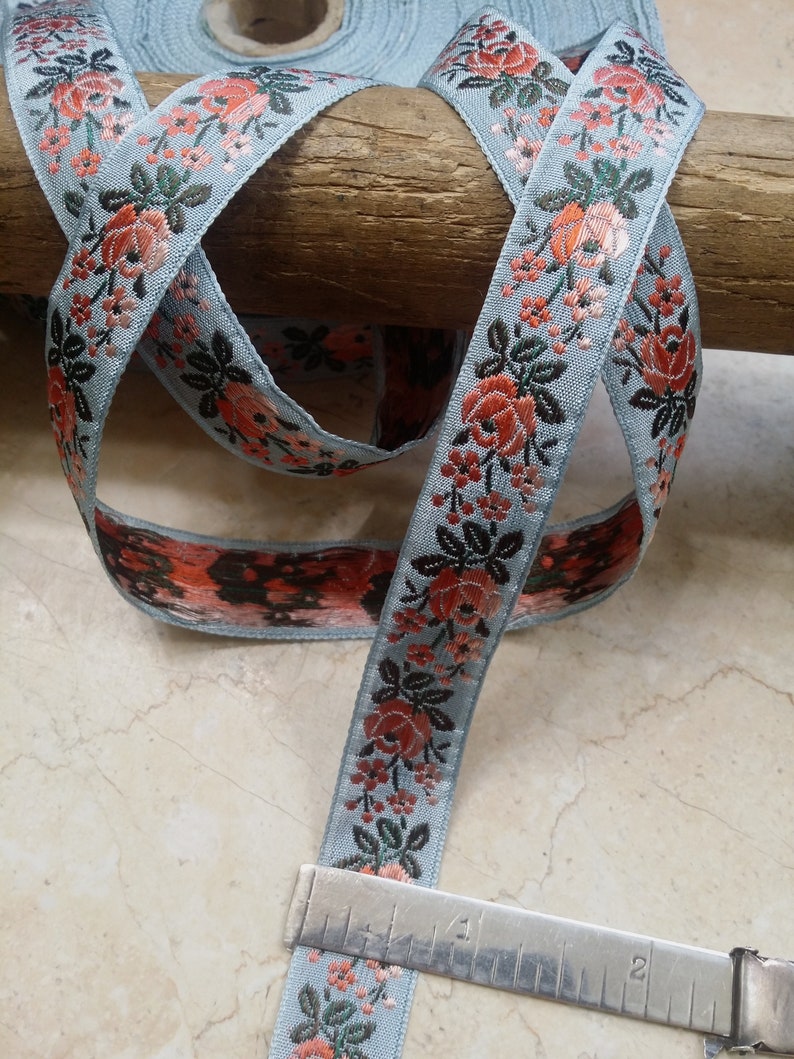 3/4 Vintage FrenchPale Muted Light Blue woven ribbon trim with embroidered orange sherbet sunset ombre florals dk green leaves 500 image 2