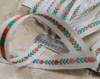 1/2" Narrow White Vintage french ribbon trim embroidered with red dots and green arrow embroidery Christmas # 295 vf white,