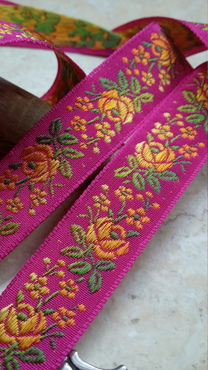 3/4 Vintage French Jacquard Trim Ribbon woven with embroidered sunset ombre florals 500 Fuchsia bows strap embellish crafting image 2