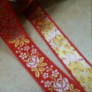 3/4" Vintage French Jacquard ribbon trim Red with embroidered silver white florals, and golden yellow leaves    #500-18 Christmas