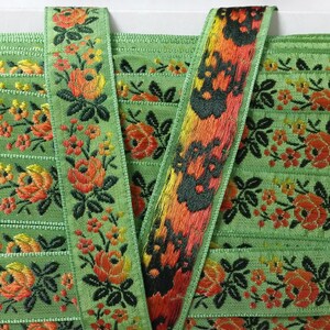 3/4 Vintage French Vibrant light green woven ribbon trim with embroidered orange sunset ombre florals 500-27 image 2