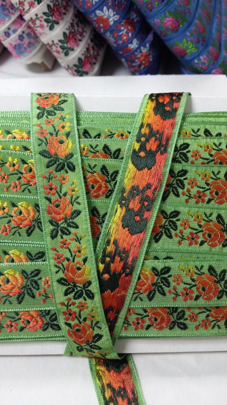 3/4 Vintage French Vibrant light green woven ribbon trim with embroidered orange sunset ombre florals 500-27 image 2