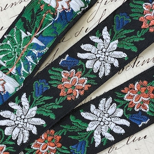 SPECIAL  1&quot; Vintage Black Jacquard Ribbon Trim edelweiss florals embroidered  Costume crafts Christmas reenactment ethnic attire embellish