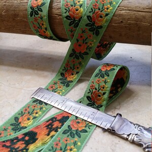 3/4 Vintage French Vibrant light green woven ribbon trim with embroidered orange sunset ombre florals 500-27 image 7