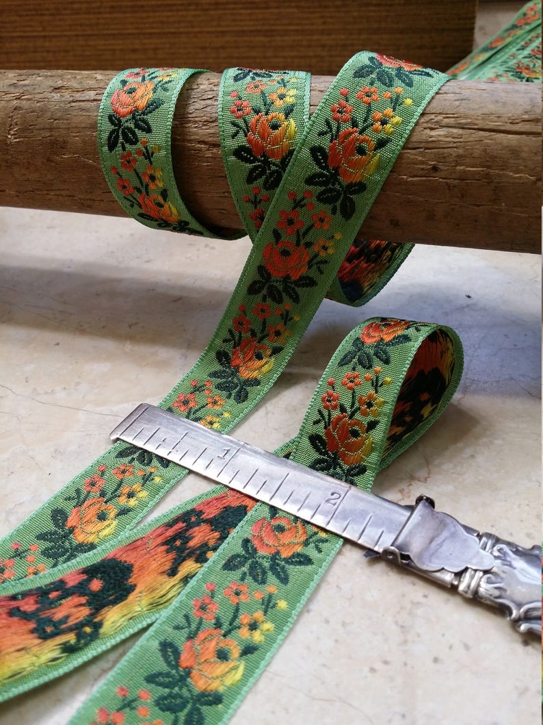 3/4 Vintage French Vibrant light green woven ribbon trim with embroidered orange sunset ombre florals 500-27 image 7