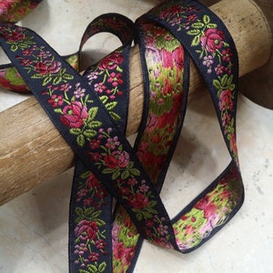 3/4" Vintage French Jacquard Ribbon Trim Black woven ribbon with embroidered pink sunset ombre florals #500