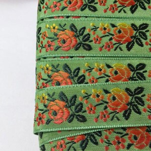 3/4 Vintage French Vibrant light green woven ribbon trim with embroidered orange sunset ombre florals 500-27 image 4