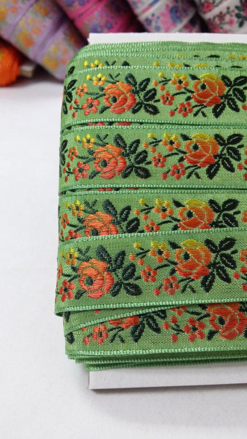 3/4 Vintage French Vibrant light green woven ribbon trim with embroidered orange sunset ombre florals 500-27 image 4