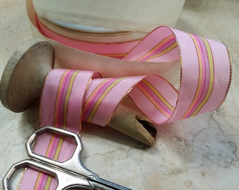 1" Vintage French Wired Acetate Taffeta Ribbon Trim Stripes Pink ,Lilac, Yellow with metallic Gold edge detail. hair bows, wedding, crafting