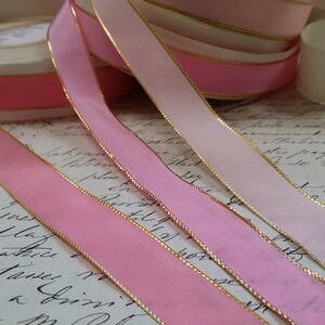 5/8 Vintage French Wired Taffeta Ribbon Pink with metallic Gold edging Ribbon works ribbon flowers bows bridal image 4